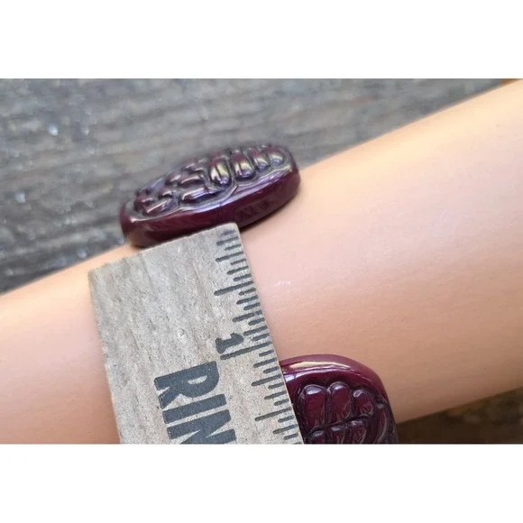 Bakelite Carved Dark Cherry Leaf Open Wide Cuff Bracelet - Picture 7 of 12